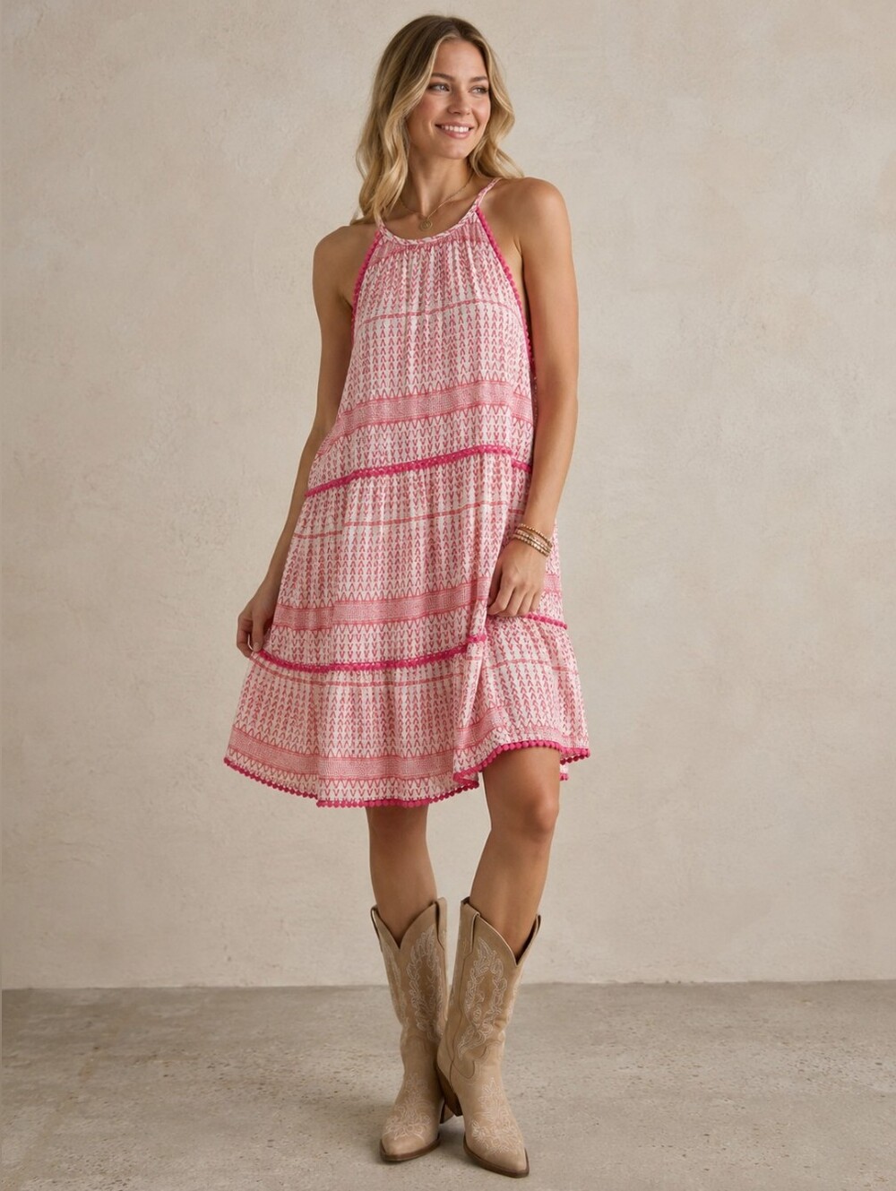 The Impeccable Pig Pink & White Printed Halter Mini Dress